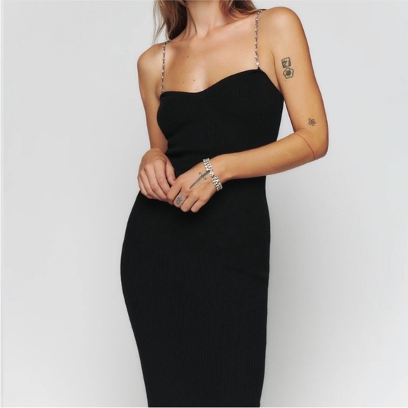 Reformation Elegant cashmere Black Dress with Chain Straps NEW
